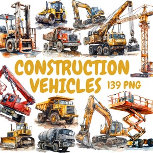 Bundle de cliparts aquarelle véhicules de construction, cliparts de camion à benne basculante, illustrations de pelle, graphiques PNG transparents, usage commercial