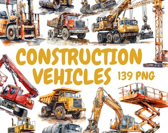 Watercolor Construction Vehicles Clipart Bundle, Dump Truck Clipart, Excavator Illustrations, Transparent PNG Graphics, Commercial Use