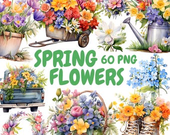 Watercolor Spring Flowers Clipart Bundle, Easter Floral Bouquet PNG, Happy Easter Graphics, Instant Digital Download For Commercial Use