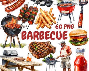 Watercolor Barbecue Clipart Bundle, Grill Party Clipart, Backyard Illustrations, Transparent PNG Graphics, Commercial Use