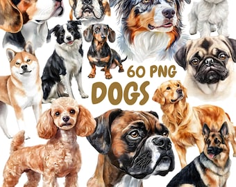水彩画風犬種クリップアート集：子犬PNG、ペット愛好家向けアート（300