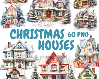 Watercolor Christmas Houses Clipart Bundle, Winter House Clipart, Cottage House Graphics, Instant Digital Download For Commercial Use