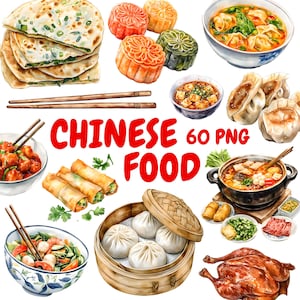 Puede incluir: Ilustración en acuarela de varios platos de comida china, incluyendo empanadillas, rollitos de primavera, sopa y pasteles de luna. La imagen incluye el texto "CHINES FOOD 60 PNG". También se presentan palillos chinos y cuencos.