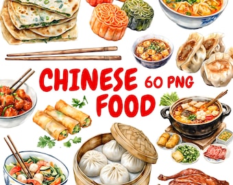 Watercolor Chinese Food Clipart Bundle, Asian Food Clipart, Japan Illustrations, Transparent PNG Graphics, Commercial Use