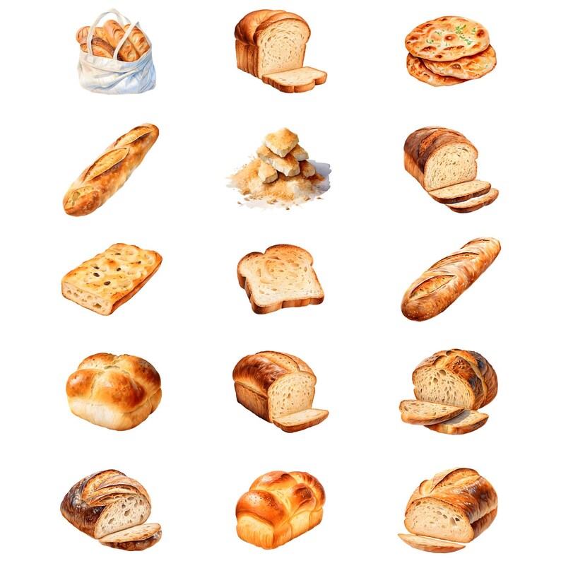 K&ouml;nnte beinhalten: Aquarellillustration verschiedener Backwaren, darunter Baguettes, geschnittene Brote und Br&ouml;tchen. Das Bild zeigt eine Vielzahl von Texturen und Farben, von goldbraunen Krusten bis hin zu weichen, luftigen Innenr&auml;umen. Ein visueller Leitfaden f&uuml;r verschiedene Brotsorten.