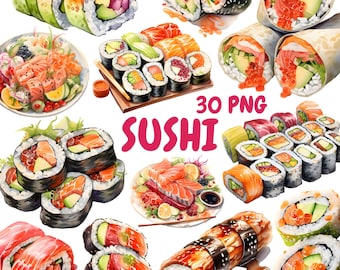 Lot de cliparts sushi aquarelle, clipart cuisine japonaise, Illustrations de sushi, graphiques PNG transparents, usage Commercial
