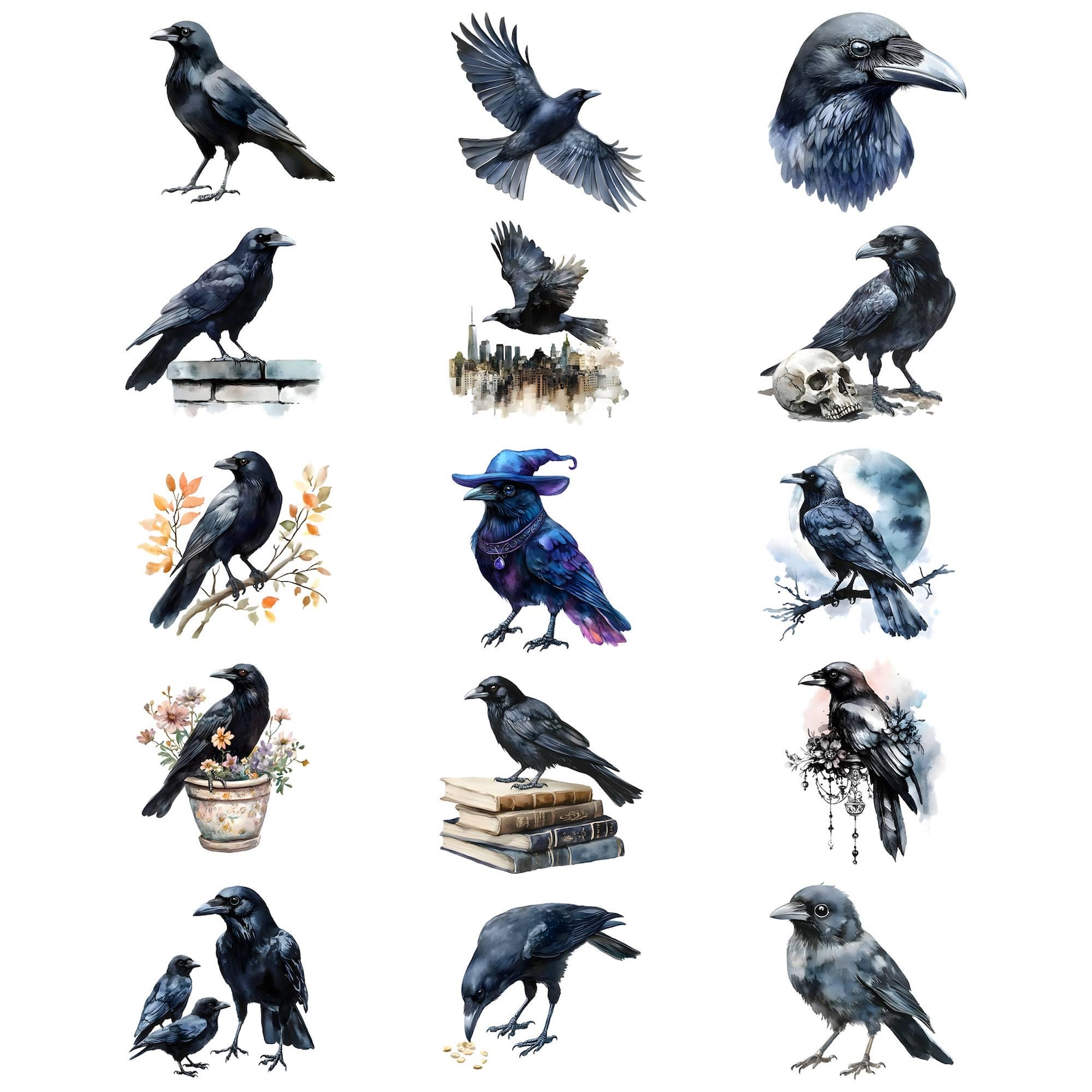 Watercolor Crows Clipart Bundle, Black Bird Clipart, Raven ...