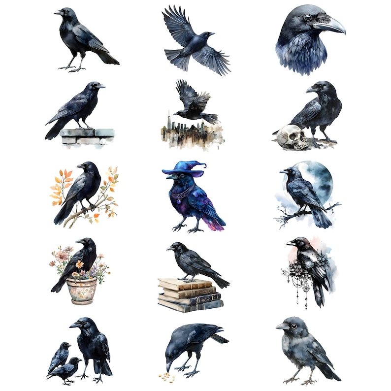 May include: Watercolour painting of 15 black crows in various poses. Some crows are perched on branches, others are flying, and some are standing on the ground. The crows are all black with white eyes. The background is white.