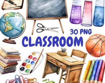 Akvarell klassrumsclipartpaket, skolmaterialclipart, lärarillustrationer, transparent PNG-grafik, kommersiellt bruk