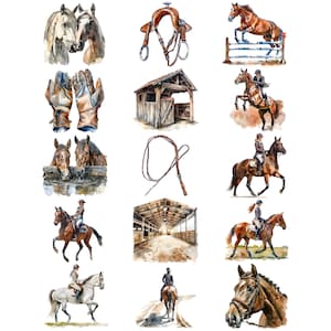 Op de afbeelding: Waterverfillustraties met paardensportthema's. Afbeeldingen van paarden, rijuitrusting, een stal en ruiters te paard. Het kunstwerk toont verschillende sc&egrave;nes, waaronder paarden die over hindernissen springen en ruiters in actie.