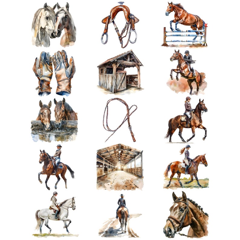 Op de afbeelding: Waterverfillustraties met paardensportthema's. Afbeeldingen van paarden, rijuitrusting, een stal en ruiters te paard. Het kunstwerk toont verschillende sc&egrave;nes, waaronder paarden die over hindernissen springen en ruiters in actie.
