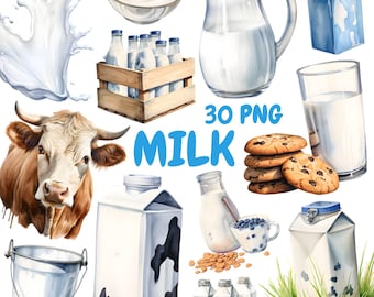 Watercolor Milk Clipart Bundle, Dairy Products Clipart, Milk Illustrations, Transparent PNG Graphics, Commercial Use
