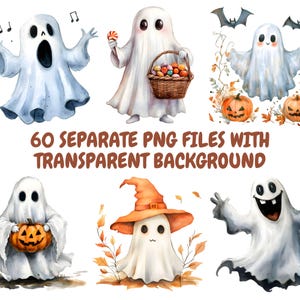 Puede incluir: Un conjunto de 60 ilustraciones de acuarela de lindos fantasmas en varias poses. Los fantasmas son blancos con diferentes expresiones faciales y sostienen objetos como dulces, calabazas y cestas de dulces. Las ilustraciones tienen un fondo transparente.