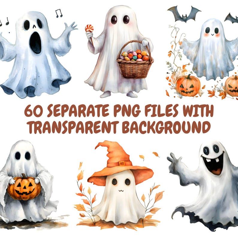 Puede incluir: Un conjunto de 60 ilustraciones de acuarela de lindos fantasmas en varias poses. Los fantasmas son blancos con diferentes expresiones faciales y sostienen objetos como dulces, calabazas y cestas de dulces. Las ilustraciones tienen un fondo transparente.