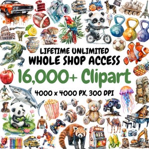 Ensemble complet de la boutique, accès illimité à la boutique à vie, méga lot de cliparts aquarelle, tous les modèles actuels et futurs, usage commercial