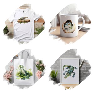 May include: A collection of items: a white t-shirt, a white mug, a white tote bag, and a framed print. Each item displays a watercolour illustration of an alligator. The alligator is shown in different settings, including a log, an egg, and a swamp.