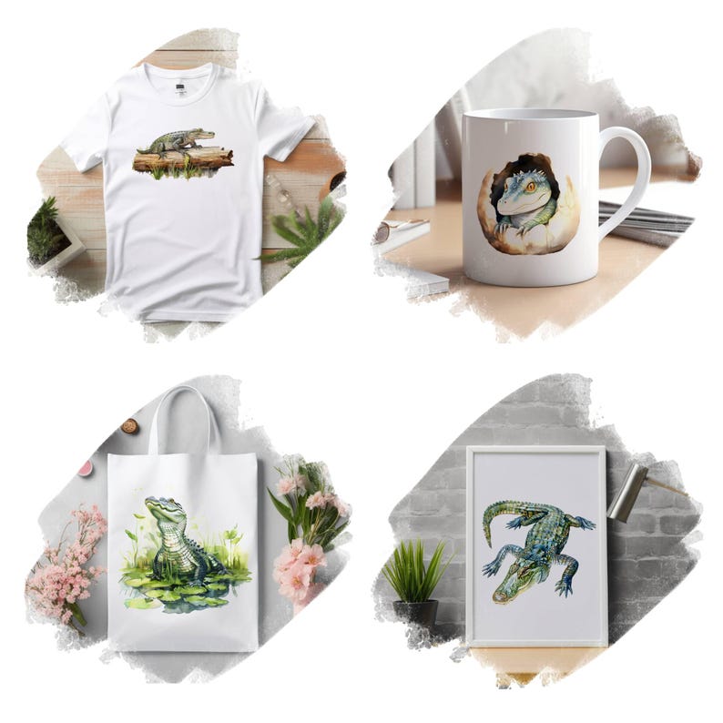 May include: A collection of items: a white t-shirt, a white mug, a white tote bag, and a framed print. Each item displays a watercolour illustration of an alligator. The alligator is shown in different settings, including a log, an egg, and a swamp.