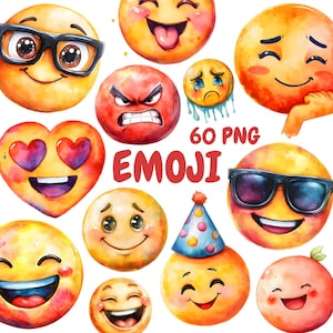 Paquete de imágenes prediseñadas de emojis en acuarela, imágenes prediseñadas de expresiones faciales, ilustraciones de emojis, gráficos PNG transparentes, uso comercial.