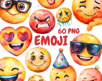 May include: A set of 10 watercolor emoji illustrations. The emojis include a smiling face with sunglasses, a heart-eyed emoji, a winking emoji, a laughing emoji, a surprised emoji, a frowning emoji, a tongue-sticking-out emoji, a blushing emoji, a crying emoji, and a thinking emoji.