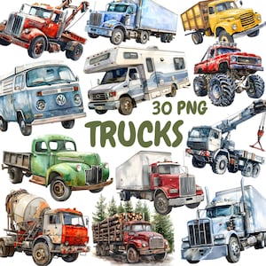 Watercolor Trucks Clipart Bundle, Pickup Truck Clipart, Transportation Illustrations, Transparent PNG Graphics, Commercial Use