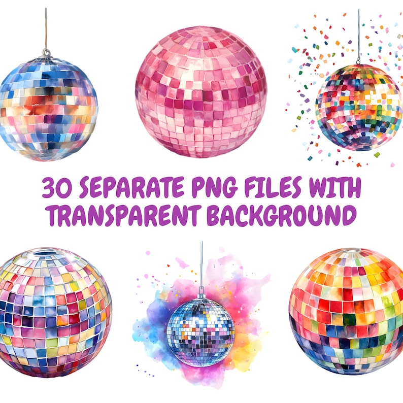 Watercolor Disco Balls Clipart Bundle, Party Lights Clipart, Dance