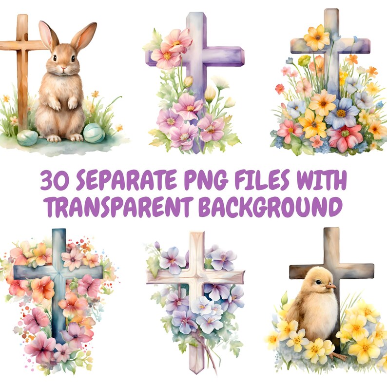 Paquete de imágenes prediseñadas de cruz de Pascua en acuarela, cruz de Pascua floral PNG, gráficos de Pascua, descarga digital instantánea para uso comercial imagen 4
