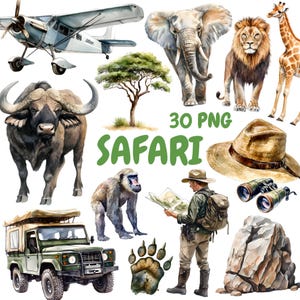 Bundle de cliparts safari aquarelle, clipart animaux de la jungle, illustrations de safari, graphiques PNG transparents, usage Commercial