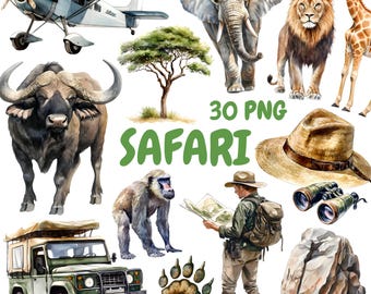 Watercolor Safari Clipart Bundle, Jungle Animals Clipart, Safari Illustrations, Transparent PNG Graphics, Commercial Use