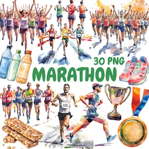 Pacchetto di clipart di maratona ad acquerello, clipart di corsa di maratona, illustrazioni di atleti, grafica PNG trasparente, uso commerciale