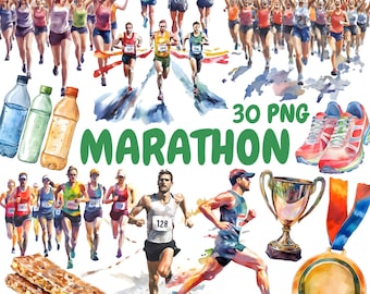 May include: A set of 30 watercolor illustrations of marathon runners, water bottles, a finish line, a trophy, a medal, and a granola bar. The text "30 PNG MARATHON" is written in green letters.