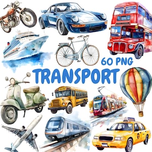 水彩交通クリップアートバンドル、公共交通機関クリップアート、電車のイラスト、透明なPNGグラフィック、商用利用