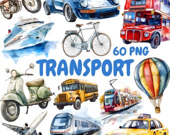 Watercolor Transport Clipart Bundle, Public Transportation Clipart, Train Illustrations, Transparent PNG Graphics, Commercial Use