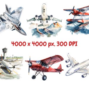Akvarell flygplan clipart paket, fraktflygplan clipart, flygplansillustrationer, transparent PNG-grafik, kommersiellt bruk bild 2