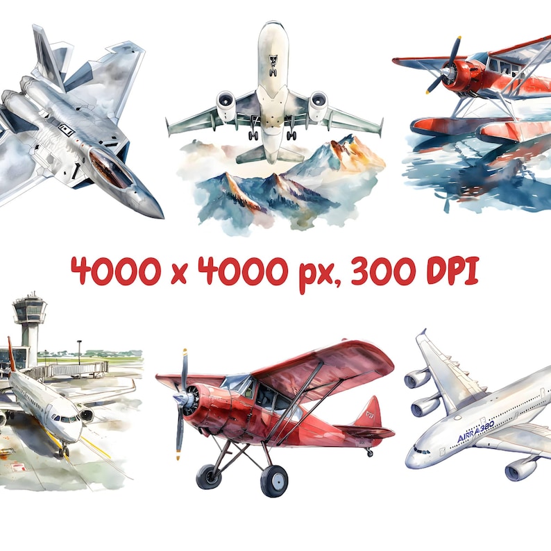 Akvarell flygplan clipart paket, fraktflygplan clipart, flygplansillustrationer, transparent PNG-grafik, kommersiellt bruk bild 2