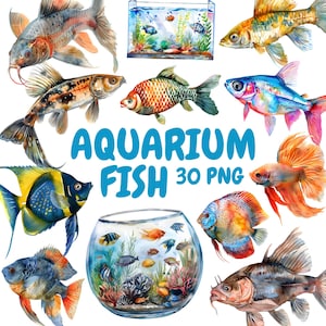 水彩画水族館の魚のクリップアートバンドル、サンゴ魚のクリップアート、魚のイラスト、透明なPNGグラフィック、商用利用