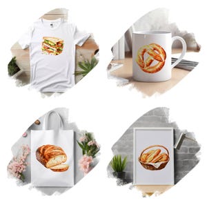K&ouml;nnte beinhalten: Ein wei&szlig;es T-Shirt mit einer Aquarellillustration eines Sandwiches. Eine wei&szlig;e Tasse mit einer Brezel-Illustration. Eine wei&szlig;e Tragetasche mit einer Brot-Illustration. Ein gerahmter Druck mit einer Brot-Korb-Illustration.