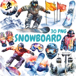 Pacchetto Clipart Snowboard ad acquerello, Clipart Sport invernali, Illustrazioni Snowboard, Grafica PNG trasparente, Uso commerciale