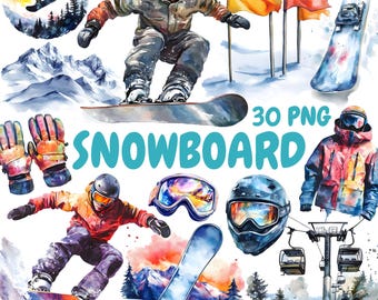 Watercolor Snowboard Clipart Bundle, Winter Sport Clipart, Snowboard Illustrations, Transparent PNG Graphics, Commercial Use
