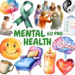 Paquete de imágenes prediseñadas de salud mental en acuarela, imágenes prediseñadas de autocuidado, ilustraciones de psicólogos, gráficos PNG transparentes, uso comercial