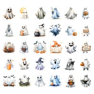 Puede incluir: Un conjunto de 25 ilustraciones de acuarela de fantasmas en varias poses y disfraces. Los fantasmas son blancos con diferentes acentos de color, como rojo, azul, verde y naranja. Algunos fantasmas sostienen calabazas, dulces u otros art&iacute;culos con tem&aacute;tica de Halloween. Las ilustraciones son perfectas para agregar un toque espeluznante a tus proyectos de Halloween.