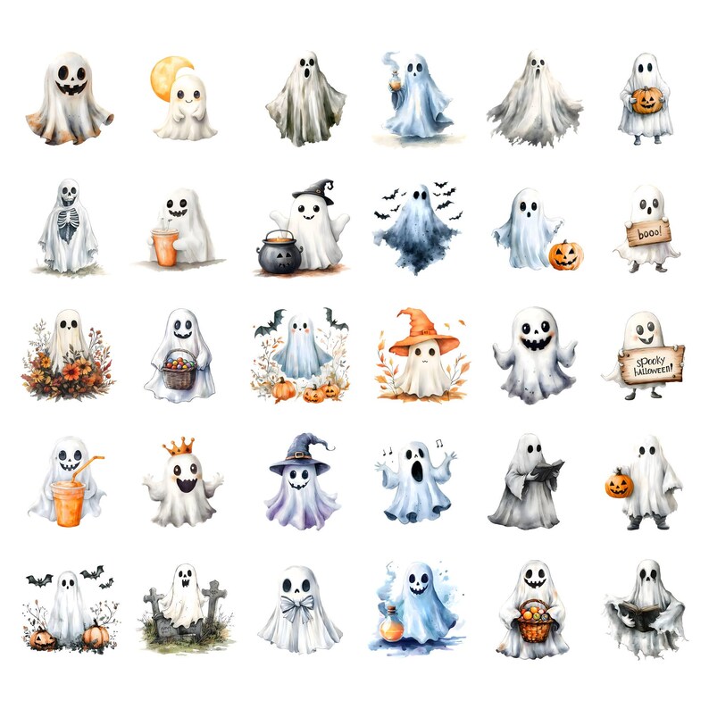 Puede incluir: Un conjunto de 25 ilustraciones de acuarela de fantasmas en varias poses y disfraces. Los fantasmas son blancos con diferentes acentos de color, como rojo, azul, verde y naranja. Algunos fantasmas sostienen calabazas, dulces u otros art&iacute;culos con tem&aacute;tica de Halloween. Las ilustraciones son perfectas para agregar un toque espeluznante a tus proyectos de Halloween.
