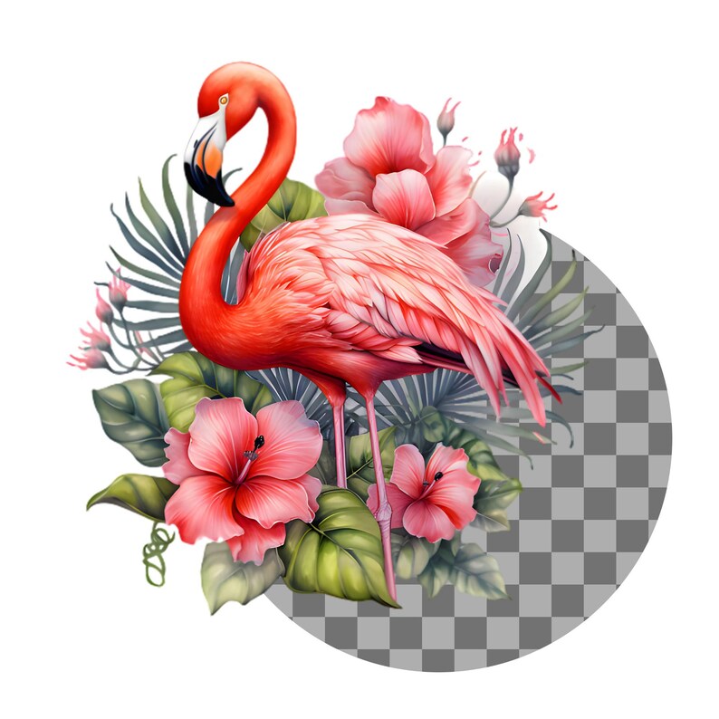 K&ouml;nnte beinhalten: Eine farbenfrohe Illustration eines Flamingos mit rotem Gefieder und schwarzem Schnabel, umgeben von rosa Hibiskusbl&uuml;ten, gr&uuml;nen Bl&auml;ttern und tropischem Laub. Das Kunstwerk ist im Aquarellstil gehalten und hat ein tropisches Thema.