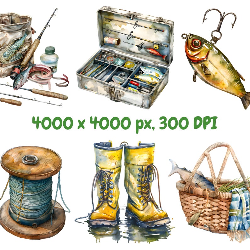 May include: A watercolor illustration of fishing gear, including a tackle box, fishing rods, a spool of line, fishing boots, a basket with a fish, and a lure.