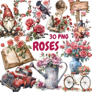 Pacote de clipart de rosas em aquarela, clipart de rosas vermelhas, ilustrações de rosas, gráficos PNG transparentes, uso comercial