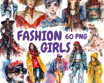 Watercolor Fashion Girls Clipart Bundle, Modern Fashion Clipart, Woman Illustrations, Transparent PNG Graphics, Commercial Use