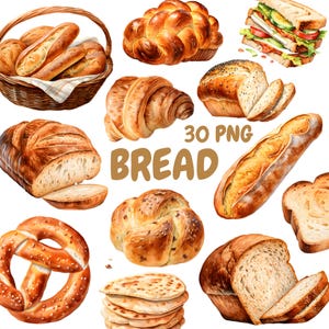 Watercolor Bread Clipart Bundle, Baked Bakery Clipart, Baguette Illustrations, Transparent PNG Graphics, Commercial Use