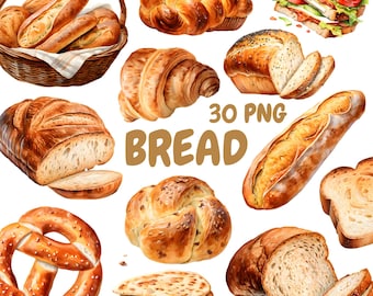 Watercolor Bread Clipart Bundle, Baked Bakery Clipart, Baguette Illustrations, Transparent PNG Graphics, Commercial Use