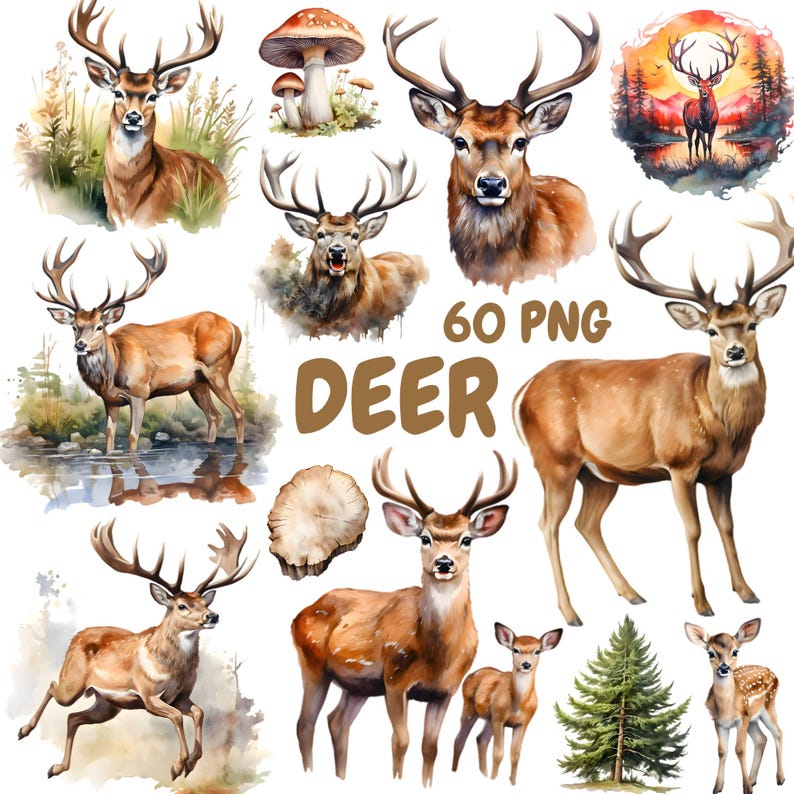 Watercolor Deer Clipart Bundle, Woodland Animals Clipart, Fawn ...