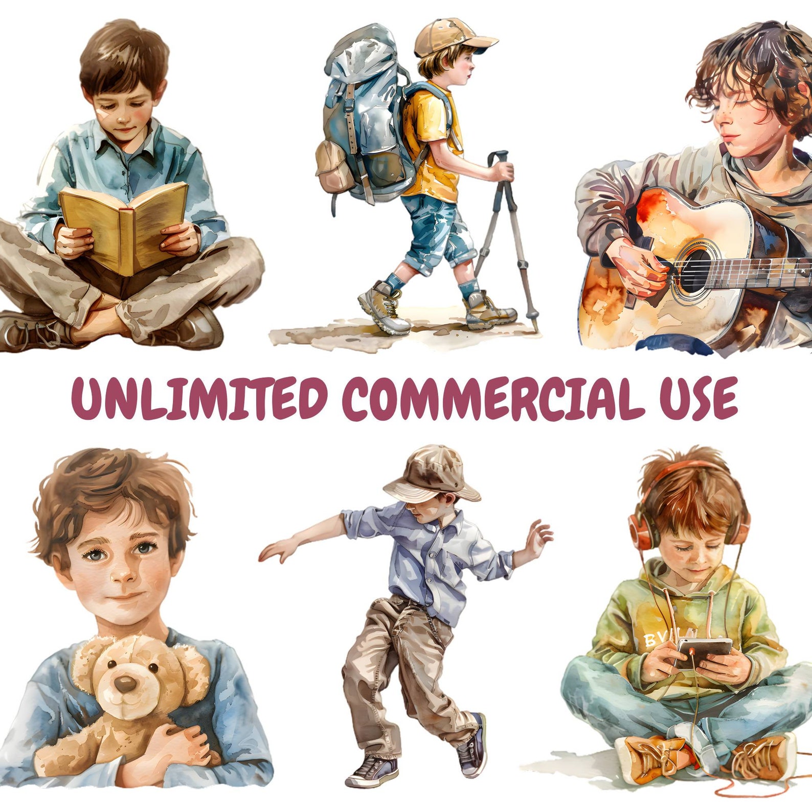 Watercolor Cute Boys Clipart Bundle, Teenage Boy Clipart, Children ...