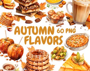 Watercolor Autumn Flavors Clipart Bundle, Fall Food Clipart, Dessert Illustrations, Transparent PNG Graphics, Commercial Use